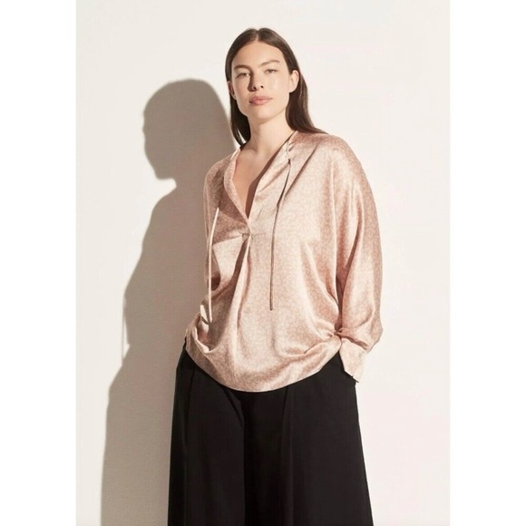Vince Feathered Petal Tie Neck Silk Top Light Pink Long Sleeve Offfice Blouse - Picture 1 of 5